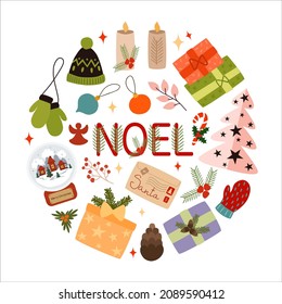 Set of festive winter christmas elements illustration cartoon. Vector flat