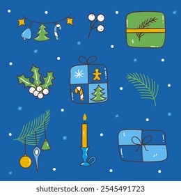 Set of festive winter elements. Gift boxes, fir branches with toys, garland and holly berries, candle on blue background with snow. Winter holiday. Colorful vector illustration hand drawn doodle