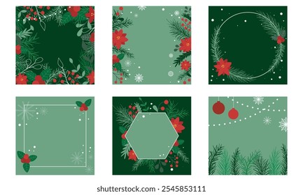 Set of festive winter square templates with copy space. Bundle of posts for social media. Christmas backgrounds with snowflakes, fir branches, holly, berries and flowers, vector graphics