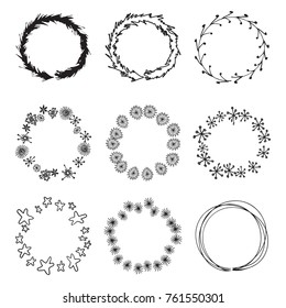 Set of festive wreathes. Hand drawn design for your holiday greetings. New Year and winter theme.