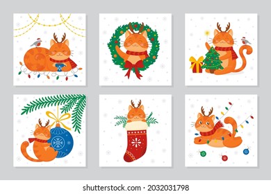 Set of festive xmas greeting cards with cute red cat, christmas tree, garland, Christmas balls and snowflakes. Merry christmas and happy new year postcards templates designs pack. Vector illustration