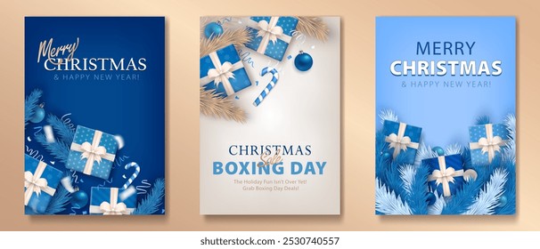 Set of festive Xmas greeting cards with 3d wrapped gifts, silver confetti, candy canes and icy pine branches on blue cyan white background. Merry Christmas and Happy New Year! Holidays vertical banner