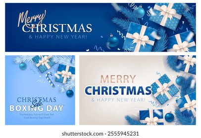 Set of festive Xmas greeting cards with 3d gifts, silver confetti, baubles, candy cane and icy pine branches on blue cyan white background. Merry Christmas and Happy New Year! Holidays various banners