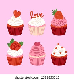Set of festively decorated Valentine's Day cupcakes. Vector graphics.