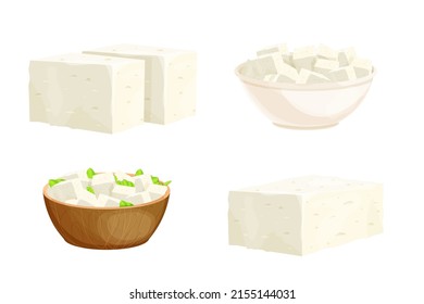 Set feta cheese pieces, tofu portion in bowl in cartoon style detailed ingredient isolated on white background. Greek curd white cheese made from sheep milk or milk bean. 