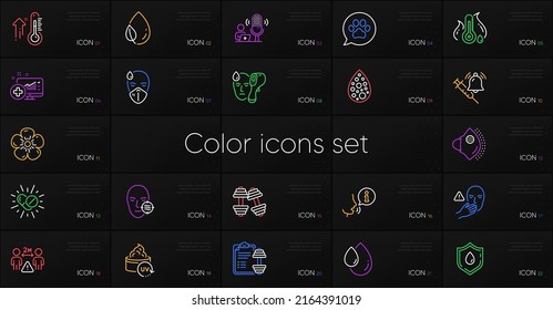 Set von Fiebertemperatur, Elektronisches Thermometer und Social Distance Line Icons. Einschließlich Dumbells, Öltropfen, Symbole für Blutspenden. Kick man, High Thermometer, Künstliche Farben Web-Elemente. Vektorgrafik