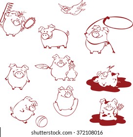 Set of a few funny cartoon pigs having fun, playing and fooling around
