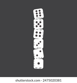 Set of a few simple game dice, central one showing number six. Chances in gaming, board games, leisure, gambling, random numbers draw design eps 10