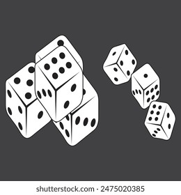 Set of a few simple game dice, central one showing number six. Chances in gaming, board games, leisure, gambling, random numbers draw design eps 10