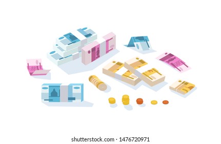 Set of fiat money or Russian rouble currency. Bundle of Ruble bills or banknotes in stacks and rolls and kopek coins isolated on white background. Modern colorful isometric vector illustration.