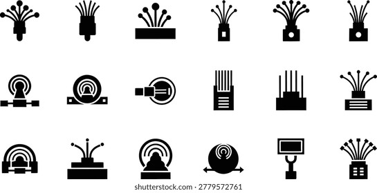 Set of fiber optic and network cable connector icons in black silhouette style