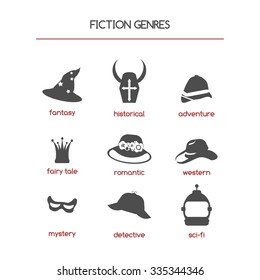 Set of fiction genre icons. Features fantasy, historical, romantic fiction, adventure, detective story, fairy tale, western, mystery and science fiction. 