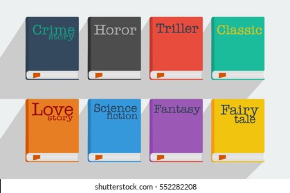 Set of fiction genre icons romance, fairytale, detective, adventure, science fiction, horror.