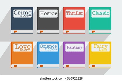 Set of fiction genre icons romance, fairytale, detective, adventure, science fiction, horror.