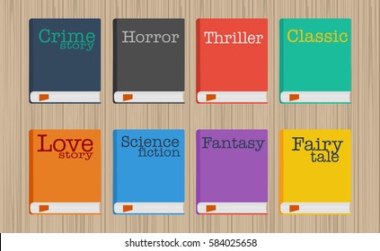 Set of fiction genre icons romance, fairytale, detective, adventure, science fiction, horror.