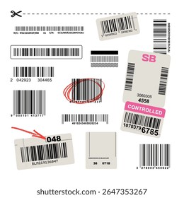 Set of fictional barcodes and hand drawn scribbles isolated on white. Decorative vector design elements for posters, packaging mockups, techwear graphics, brutalist and urban design projects.