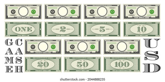 Set of fictional game paper money in the style of US dollars. Gray obverse and green reverse of banknotes with denominations of one, two, five, ten, 20, 50 and 100. Empty round in center