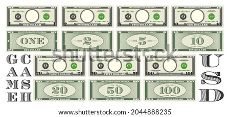 Set of fictional game paper money in the style of US dollars. Gray obverse and green reverse of banknotes with denominations of one, two, five, ten, 20, 50 and 100. Empty round in center