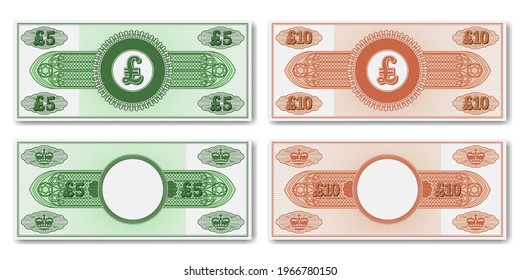 A set of fictional paper money of England. Obverse and reverse of 5 and 10 pounds banknotes or certificates