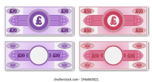 A set of fictional paper money of England. Obverse and reverse of 20 and 50 pounds banknotes or certificates