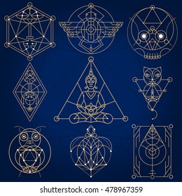 A Set Of Fictional Sacred Geometry Symbols: Scarab, Skull, Turtle, Owl, Cat, Meditation, Leaf, Cat