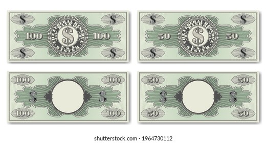 A set of fictional US paper money. Obverse and reverse of 50 and 100 dollar banknotes. Guilloche grids and shadows