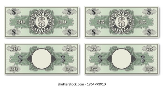 A set of fictional US paper money. Obverse and reverse of 20 and 25 dollar banknotes. Guilloche grids and shadows