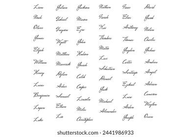 A set of fictitious autographs, a handwritten fake signature. Isolated on a transparent background, vector illustration. American male names