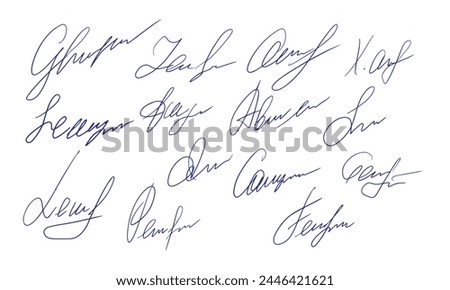 Set of fictitious handwritten autograph, adding a touch of realism to your creative projects. Scrawl lettering for business, signing of documents, certificates and contracts.