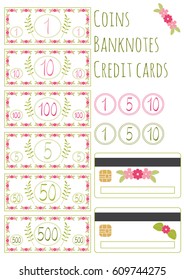 Set of fictive Floral vector banknotes, coins and credit cards for game. Isolated on white background. Money for playing shop. Requisite for cash or counter