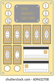 Set of fictive vector banknotes, coins, credit cards for toy store games. Isolated on beige. Requisite for cash, counter 