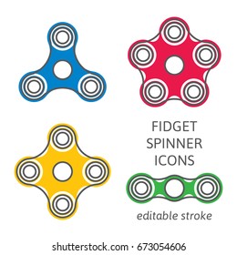 Set of fidget hand spinner icons with editable stroke. Two, three, four, five arms toys for stress relief and improvement of attention span. Design for banner, poster, advertising. Vector illustration