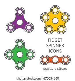 Set of fidget hand spinner icons with editable stroke. Two, three, four, five arms toys for stress relief and improvement of attention span. Design for banner, poster, advertising. Vector illustration