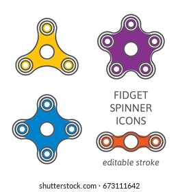 Set of fidget hand spinner icons with editable stroke. Two, three, four, five arms toys for stress relief and improvement of attention span. Design for banner, poster, advertising. Vector illustration