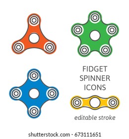 Set of fidget hand spinner icons with editable stroke. Two, three, four, five arms toys for stress relief and improvement of attention span. Design for banner, poster, advertising. Vector illustration