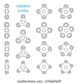 Set of fidget hand spinner icons with editable stroke. Two, three, four, five arms toys for stress relief and improvement of attention span. Design for banner, poster, advertising. Vector illustration