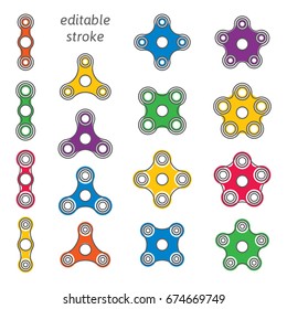 Set of fidget hand spinner icons with editable stroke. Two, three, four, five arms toys for stress relief and improvement of attention span. Design for banner, poster, advertising. Vector illustration