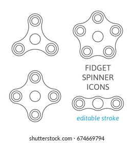 Set of fidget hand spinner icons with editable stroke. Two, three, four, five arms toys for stress relief and improvement of attention span. Design for banner, poster, advertising. Vector illustration