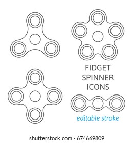 Set of fidget hand spinner icons with editable stroke. Two, three, four, five arms toys for stress relief and improvement of attention span. Design for banner, poster, advertising. Vector illustration