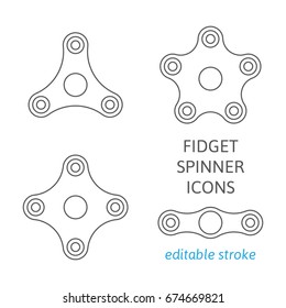 Set of fidget hand spinner icons with editable stroke. Two, three, four, five arms toys for stress relief and improvement of attention span. Design for banner, poster, advertising. Vector illustration