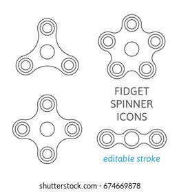 Set of fidget hand spinner icons with editable stroke. Two, three, four, five arms toys for stress relief and improvement of attention span. Design for banner, poster, advertising. Vector illustration