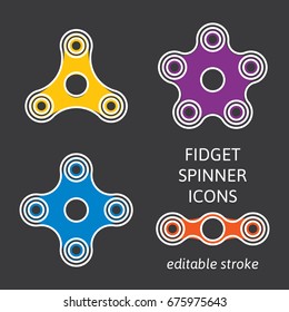 Set of fidget hand spinner icons with editable stroke. Two, three, four, five arms toys for stress relief and improvement of attention span. Design for banner, poster, advertising. Vector illustration