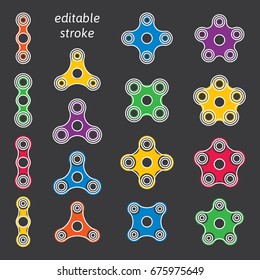 Set of fidget hand spinner icons with editable stroke. Two, three, four, five arms toys for stress relief and improvement of attention span. Design for banner, poster, advertising. Vector illustration