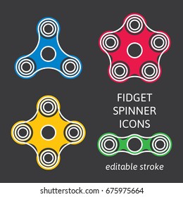 Set of fidget hand spinner icons with editable stroke. Two, three, four, five arms toys for stress relief and improvement of attention span. Design for banner, poster, advertising. Vector illustration