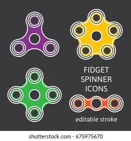 Set of fidget hand spinner icons with editable stroke. Two, three, four, five arms toys for stress relief and improvement of attention span. Design for banner, poster, advertising. Vector illustration