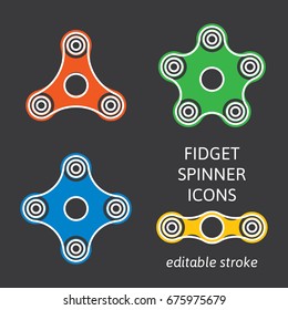 Set of fidget hand spinner icons with editable stroke. Two, three, four, five arms toys for stress relief and improvement of attention span. Design for banner, poster, advertising. Vector illustration