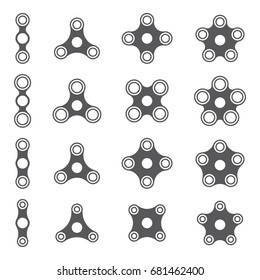 Set of fidget hand spinner icons. Two, three, four, five arms toys for stress relief and improvement of attention span. Design for banner, poster, advertising. Vector illustration