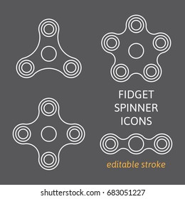 Set of fidget hand spinner icons with editable stroke. Two, three, four, five arms toys for stress relief and improvement of attention span. Design for banner, poster, advertising. Vector illustration