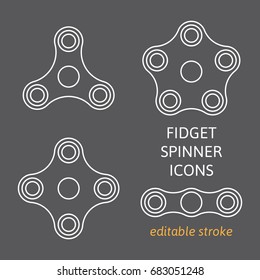 Set of fidget hand spinner icons with editable stroke. Two, three, four, five arms toys for stress relief and improvement of attention span. Design for banner, poster, advertising. Vector illustration