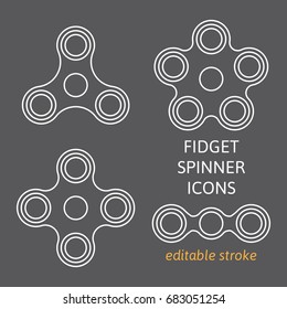 Set of fidget hand spinner icons with editable stroke. Two, three, four, five arms toys for stress relief and improvement of attention span. Design for banner, poster, advertising. Vector illustration